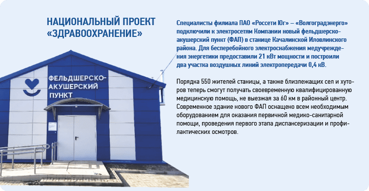 Специалисты филиала ПАО «Россети Юг» – «Волгоградэнерго» подключили к электросетям Компании новый фельдшерско-акушерский пункт (ФАП) в станице Качалинской Иловлинского района. 